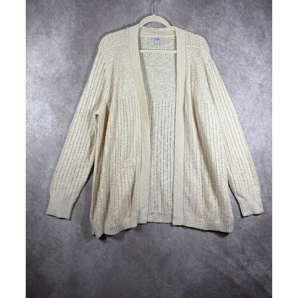 L.L.Bean Cardigan Women 1X Cream Open Front Pointelle Knit 100% Cotton Coastal